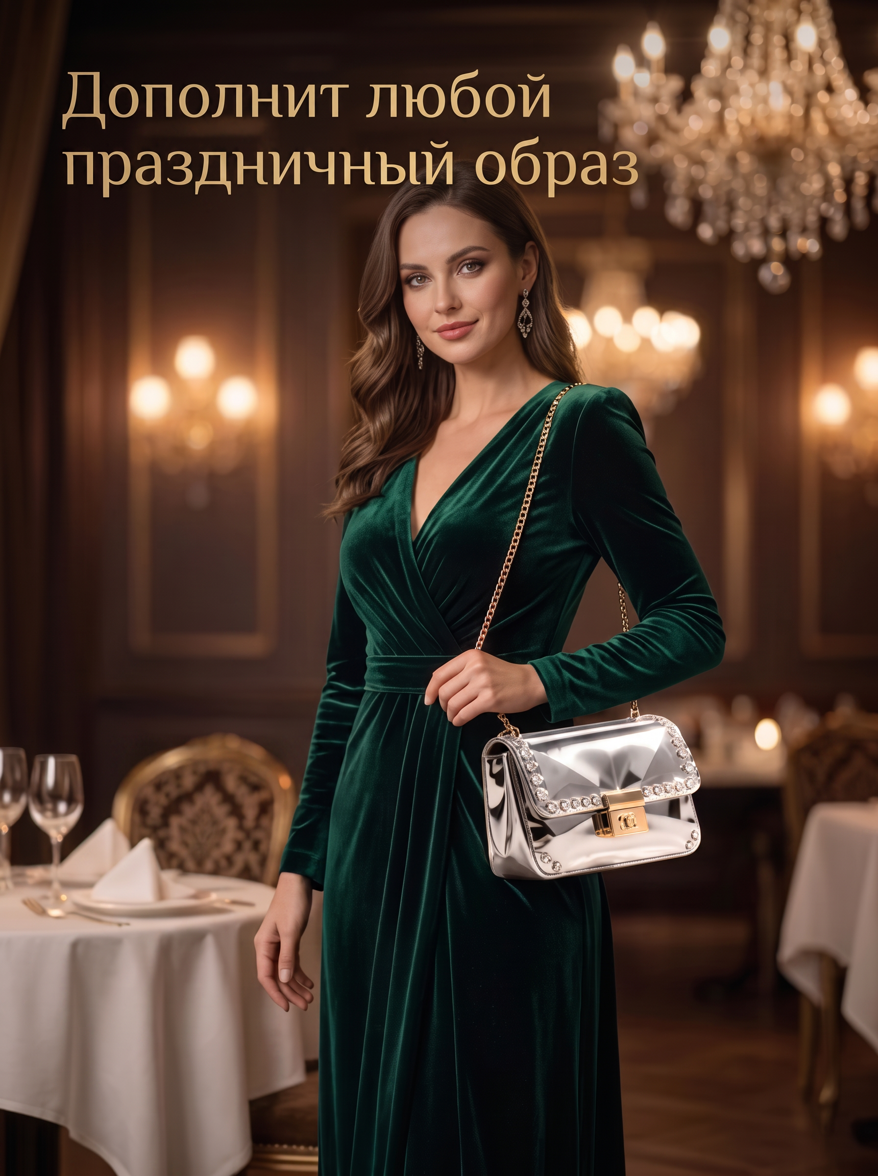Карточка с моделью и вечерней сумочкой для маркетплейса
